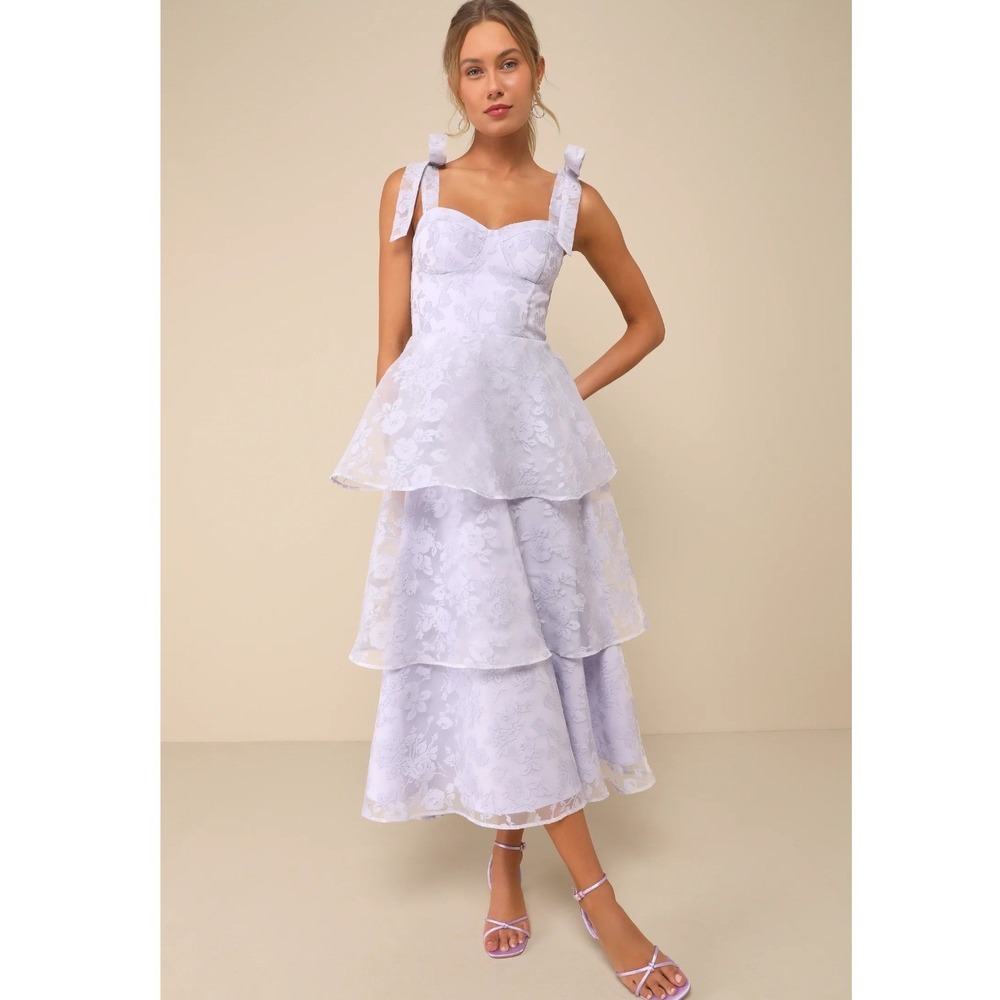 Lulus Glamorous Sweetie Lavender Burnout Tie-Strap Bustier Tiered Midi Dress‎ XS